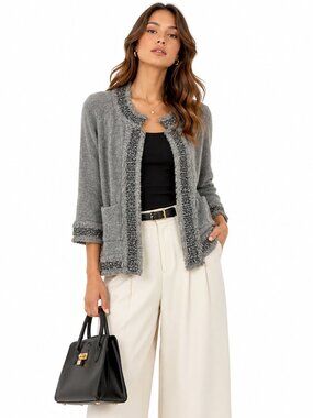 Sofia Cashmere Cardigan Womens L Gray Chain Fringe Boho Luxe Quiet Luxury